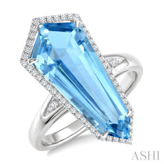 22X9 MM Evoque Gemstones Shield Shape Blue Topaz and 1/4 Ctw Round Cut Diamond Semi-Precious Ring in 14K White Gold