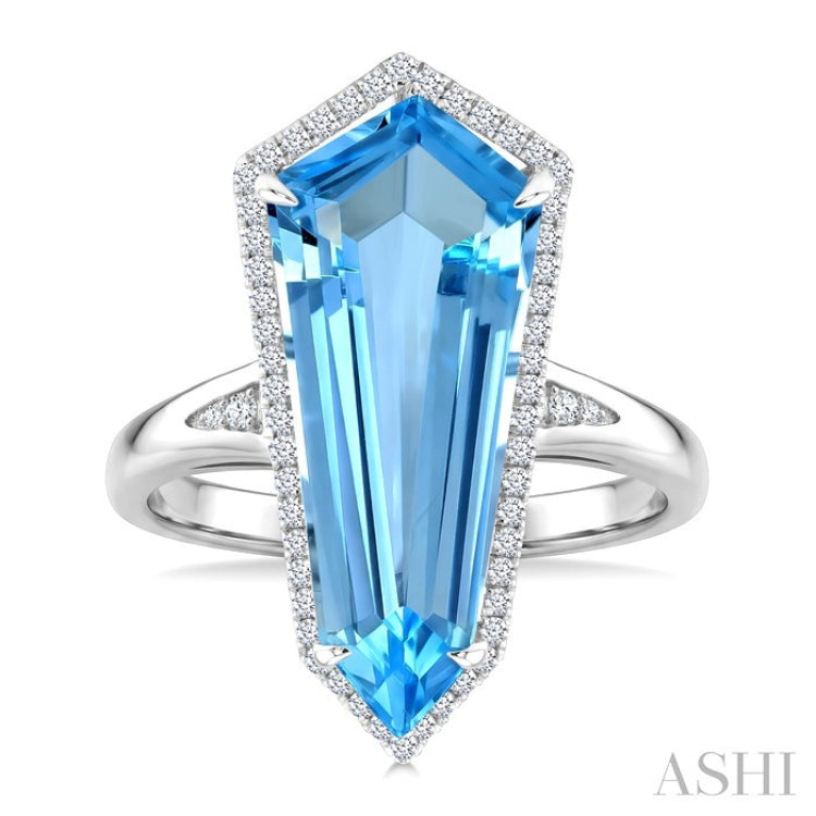 22X9 MM Evoque Gemstones Shield Shape Blue Topaz and 1/4 Ctw Round Cut Diamond Semi-Precious Ring in 14K White Gold