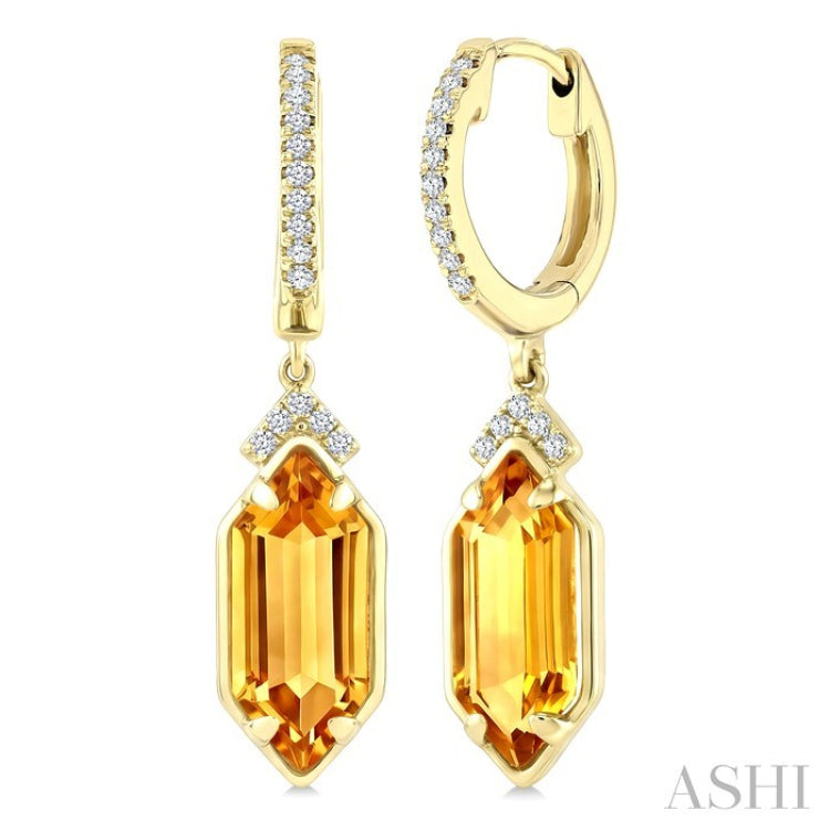 12X5 MM Evoque Gemstones Hexagon Shape Citrine and 1/6 Ctw Round Cut Diamond Semi-Precious Earrings in 10K Yellow Gold