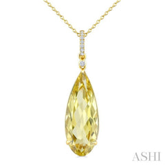 22X8 MM Evoque Gemstones Pear Shape Lemon Quartz and 1/20 Ctw Round Cut Diamond Semi-Precious Pendant With Chain in 14K Yellow Gold