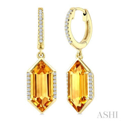 14X6 MM Evoque Gemstones Hexagon Shape Citrine and 1/5 Ctw Round Cut Diamond Semi-Precious Earrings in 14K Yellow Gold
