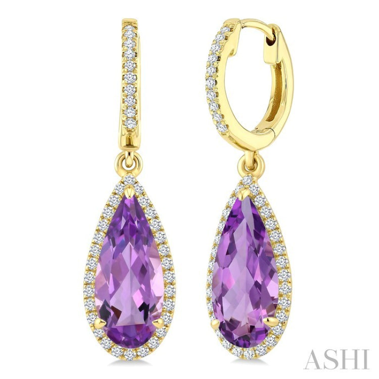 12X5 MM Evoque Gemstones Pear Shape Amethyst and 1/3 Ctw Round Cut Diamond Semi-Precious Earrings in 10K Yellow Gold