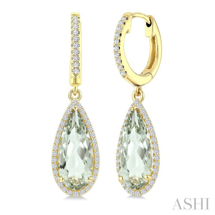 14X6 MM Evoque Gemstones Pear Shape Green Amethyst and 1/3 Ctw Round Cut Diamond Semi-Precious Earrings in 14K Yellow Gold