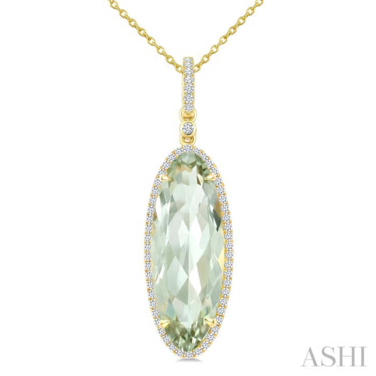 22X8 MM Evoque Gemstone Oval Shape Green Amethyst and 1/4 Ctw Round Cut Diamond Semi-Precious Pendant With Chain in 14K Yellow Gold