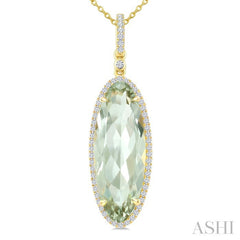 22X8 MM Evoque Gemstone Oval Shape Green Amethyst and 1/4 Ctw Round Cut Diamond Semi-Precious Pendant With Chain in 14K Yellow Gold