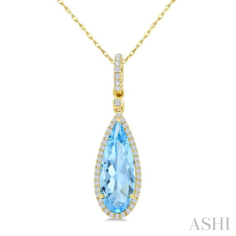 16X6 MM Evoque Gemstones Pear Shape Blue Topaz and 1/5 Ctw Round Cut Diamond Semi-Precious Pendant With Chain in 10K Yellow Gold