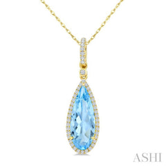 16X6 MM Evoque Gemstones Pear Shape Blue Topaz and 1/5 Ctw Round Cut Diamond Semi-Precious Pendant With Chain in 10K Yellow Gold