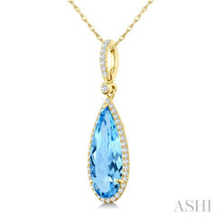 16X6 MM Evoque Gemstones Pear Shape Blue Topaz and 1/5 Ctw Round Cut Diamond Semi-Precious Pendant With Chain in 10K Yellow Gold