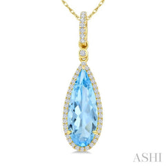 16X6 MM Evoque Gemstones Pear Shape Blue Topaz and 1/5 Ctw Round Cut Diamond Semi-Precious Pendant With Chain in 10K Yellow Gold