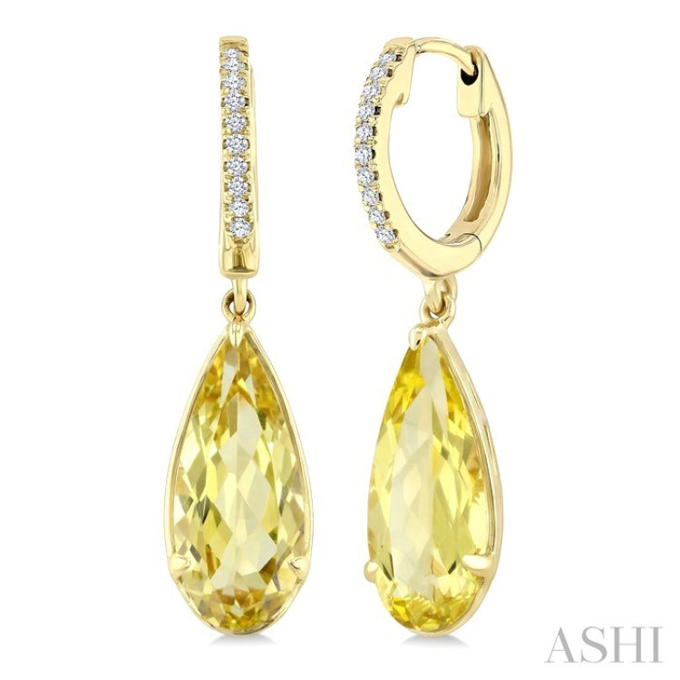 12X5 MM Evoque Gemstones Pear Shape Lemon Quartz and 1/10 Ctw Round Cut Diamond Semi-Precious Earrings in 10K Yellow Gold