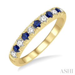 2.3 MM Round Shape Sapphire and 1/4 Ctw Round Cut Diamond Precious Wedding Band in 14K Yellow Gold