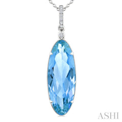 22X8 MM Evoque Gemstones Oval Shape Blue Topaz and 1/20 Ctw Round Cut Diamond Semi-Precious Pendant With Chain in 14K White Gold