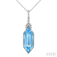 22X8 MM Evoque Gemstones Hexagon Shape Blue Topaz and 1/10 Ctw Round Cut Diamond Semi-Precious Pendant With Chain in 14K White Gold