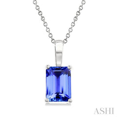 7X5MM Octagon Shape Tanzanite Precious Solitaire Pendant With Chain in 14K White Gold