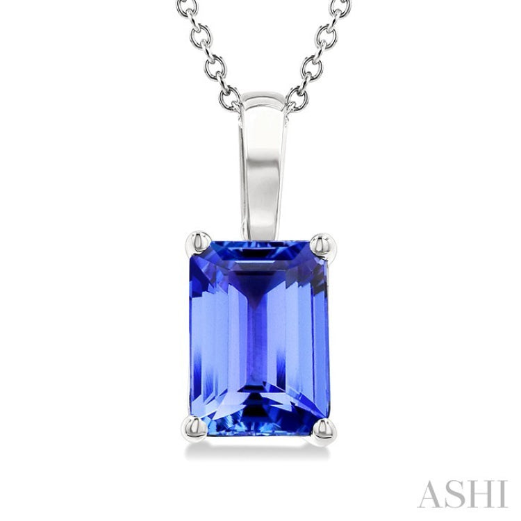 7X5MM Octagon Shape Tanzanite Precious Solitaire Pendant With Chain in 14K White Gold