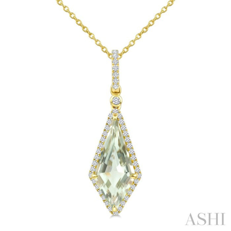 16X7 MM Evoque Gemstone Kite Shape Green Amethyst and 1/5 Ctw Round Cut Diamond Semi-Precious Pendant With Chain in 10K Yellow Gold
