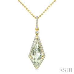 16X7 MM Evoque Gemstone Kite Shape Green Amethyst and 1/5 Ctw Round Cut Diamond Semi-Precious Pendant With Chain in 10K Yellow Gold