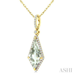16X7 MM Evoque Gemstone Kite Shape Green Amethyst and 1/5 Ctw Round Cut Diamond Semi-Precious Pendant With Chain in 10K Yellow Gold