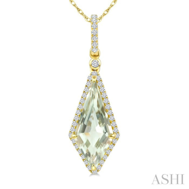 16X7 MM Evoque Gemstone Kite Shape Green Amethyst and 1/5 Ctw Round Cut Diamond Semi-Precious Pendant With Chain in 10K Yellow Gold