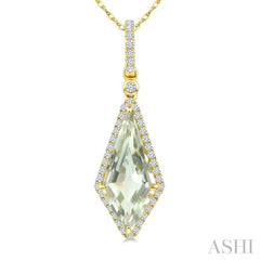 16X7 MM Evoque Gemstone Kite Shape Green Amethyst and 1/5 Ctw Round Cut Diamond Semi-Precious Pendant With Chain in 10K Yellow Gold