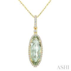 16X6 MM Evoque Gemstone Oval Shape Green Amethyst and 1/5 Ctw Round Cut Diamond Semi-Precious Pendant With Chain in 10K Yellow Gold