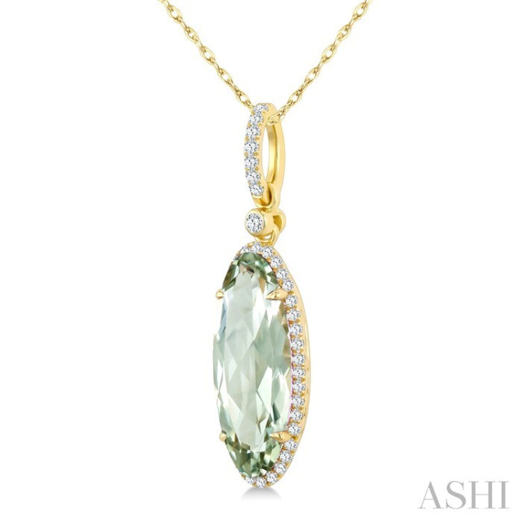 16X6 MM Evoque Gemstone Oval Shape Green Amethyst and 1/5 Ctw Round Cut Diamond Semi-Precious Pendant With Chain in 10K Yellow Gold