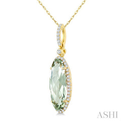 16X6 MM Evoque Gemstone Oval Shape Green Amethyst and 1/5 Ctw Round Cut Diamond Semi-Precious Pendant With Chain in 10K Yellow Gold
