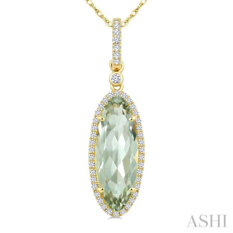 16X6 MM Evoque Gemstone Oval Shape Green Amethyst and 1/5 Ctw Round Cut Diamond Semi-Precious Pendant With Chain in 10K Yellow Gold