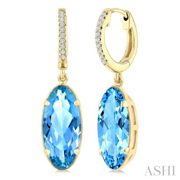 12X5 MM Evoque Gemstones Oval Shape Blue Topaz and 1/10 Ctw Round Cut Diamond Semi-Precious Earrings in 10K Yellow Gold
