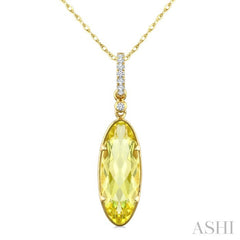 16X6 MM Evoque Gemstones Oval Shape Lemon Quartz and 1/20 Ctw Round Cut Diamond Semi-Precious Pendant With Chain in 10K Yellow Gold