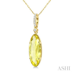 16X6 MM Evoque Gemstones Oval Shape Lemon Quartz and 1/20 Ctw Round Cut Diamond Semi-Precious Pendant With Chain in 10K Yellow Gold