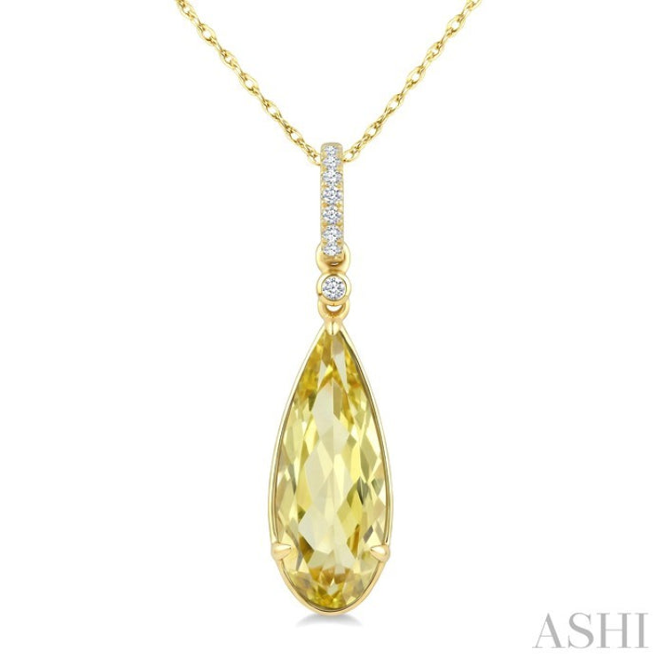 16X6 MM Evoque Gemstones Pear Shape Lemon Quartz and 1/20 Ctw Round Cut Diamond Semi-Precious Pendant With Chain in 10K Yellow Gold