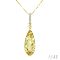 16X6 MM Evoque Gemstones Pear Shape Lemon Quartz and 1/20 Ctw Round Cut Diamond Semi-Precious Pendant With Chain in 10K Yellow Gold