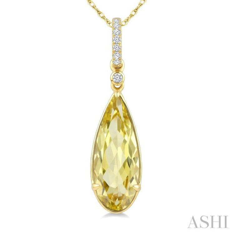 16X6 MM Evoque Gemstones Pear Shape Lemon Quartz and 1/20 Ctw Round Cut Diamond Semi-Precious Pendant With Chain in 10K Yellow Gold