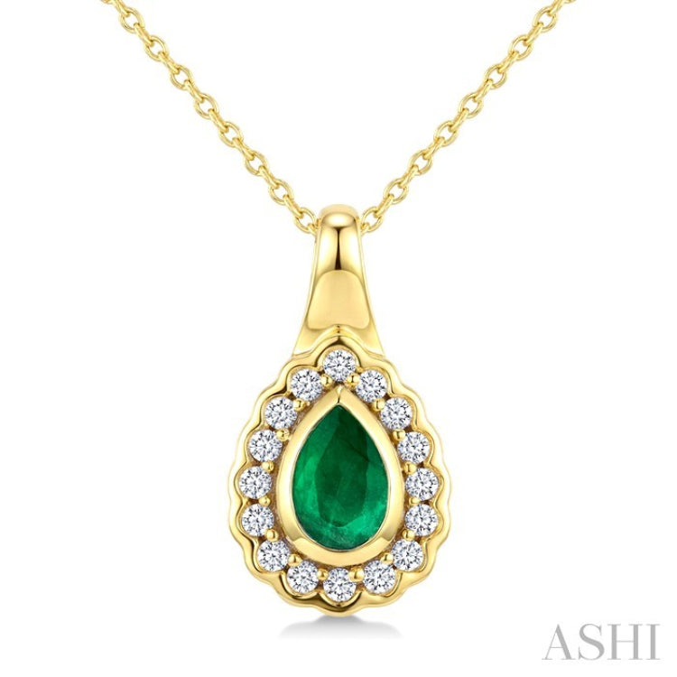 6X4 MM Pear Shape Emerald and 1/6 Ctw Round Cut Diamond Bold Precious Pendant With Chain in 10K Yellow Gold