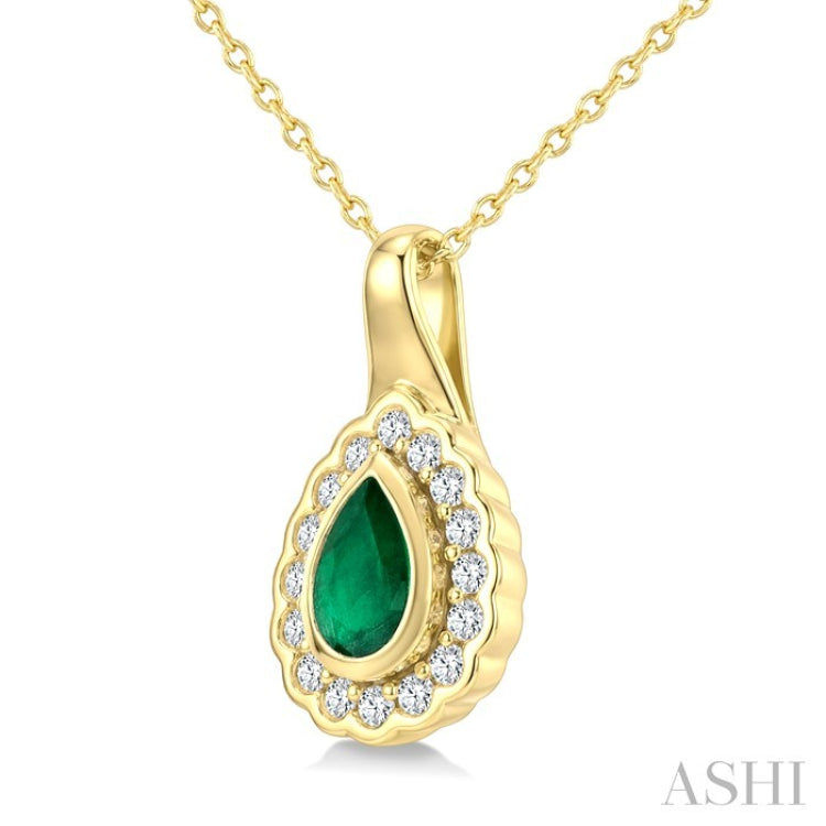 6X4 MM Pear Shape Emerald and 1/6 Ctw Round Cut Diamond Bold Precious Pendant With Chain in 10K Yellow Gold