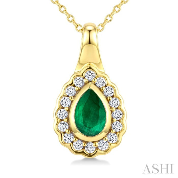 6X4 MM Pear Shape Emerald and 1/6 Ctw Round Cut Diamond Bold Precious Pendant With Chain in 10K Yellow Gold
