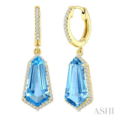 14X7 MM Evoque Gemstones Shield Shape Blue Topaz and 3/8 Ctw Round Cut Diamond Semi-Precious Earrings in 14K Yellow Gold