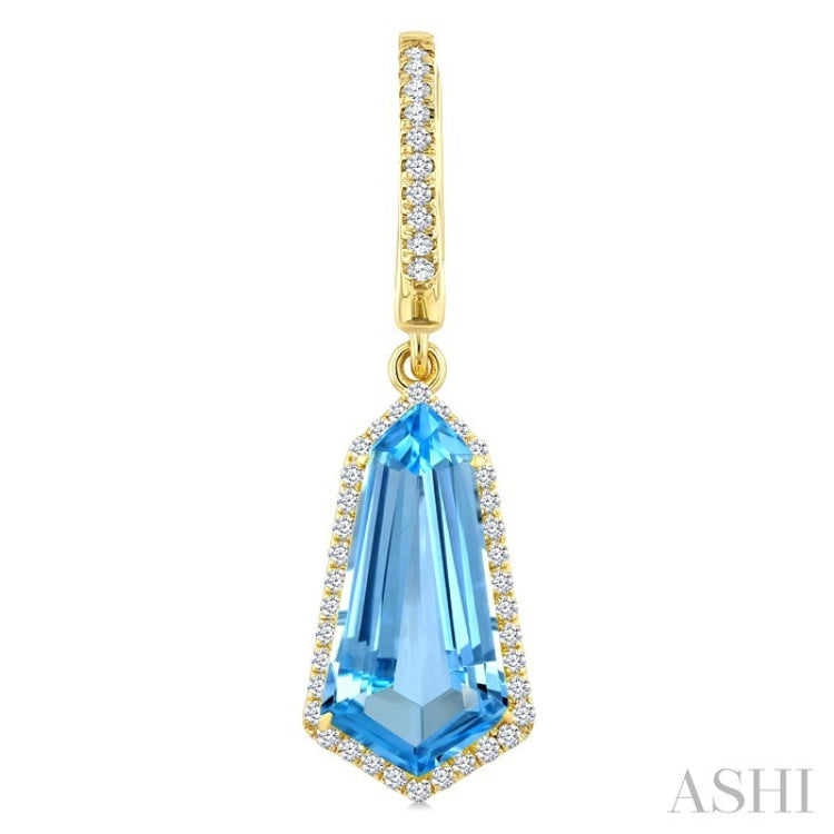 14X7 MM Evoque Gemstones Shield Shape Blue Topaz and 3/8 Ctw Round Cut Diamond Semi-Precious Earrings in 14K Yellow Gold