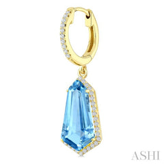14X7 MM Evoque Gemstones Shield Shape Blue Topaz and 3/8 Ctw Round Cut Diamond Semi-Precious Earrings in 14K Yellow Gold