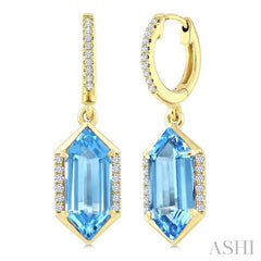 12X5 MM Evoque Gemstones Hexagon Shape Blue Topaz and 1/5 Ctw Round Cut Diamond Semi-Precious Earrings in 10K Yellow Gold