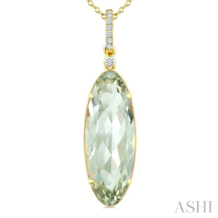 22X8 MM Evoque Gemstone Oval Shape Green Amethyst and 1/20 Ctw Round Cut Diamond Semi-Precious Pendant With Chain in 14K Yellow Gold
