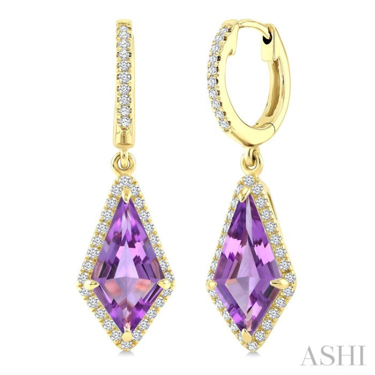 12X5 MM Evoque Gemstones Kite Shape Amethyst and 1/3 Ctw Round Cut Diamond Semi-Precious Earrings in 10K Yellow Gold