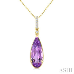 16X6 MM Evoque Gemstones Pear Shape Amethyst and 1/20 Ctw Round Cut Diamond Semi-Precious Pendant With Chain in 10K Yellow Gold
