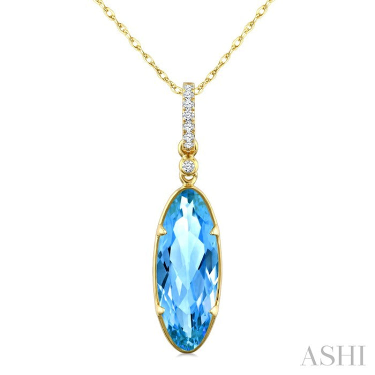 16X6 MM Evoque Gemstones Oval Shape Blue Topaz and 1/20 Ctw Round Cut Diamond Semi-Precious Pendant With Chain in 10K Yellow Gold