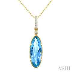 16X6 MM Evoque Gemstones Oval Shape Blue Topaz and 1/20 Ctw Round Cut Diamond Semi-Precious Pendant With Chain in 10K Yellow Gold