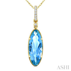 16X6 MM Evoque Gemstones Oval Shape Blue Topaz and 1/20 Ctw Round Cut Diamond Semi-Precious Pendant With Chain in 10K Yellow Gold