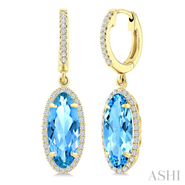 12X5 MM Evoque Gemstones Oval Shape Blue Topaz and 1/3 Ctw Round Cut Diamond Semi-Precious Earrings in 10K Yellow Gold