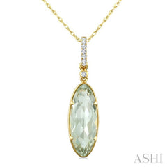 16X6 MM Evoque Gemstone Oval Shape Green Amethyst and 1/20 Ctw Round Cut Diamond Semi-Precious Pendant With Chain in 10K Yellow Gold
