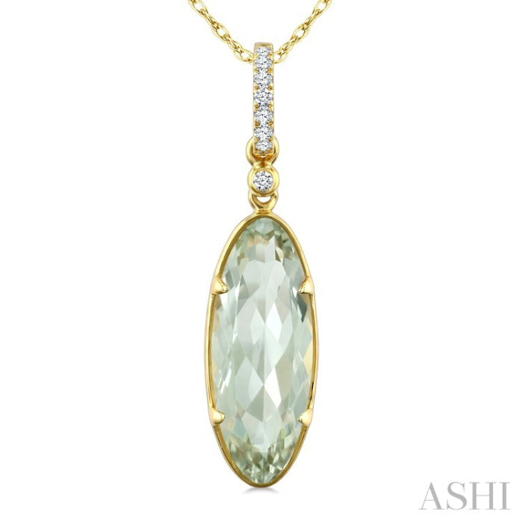 16X6 MM Evoque Gemstone Oval Shape Green Amethyst and 1/20 Ctw Round Cut Diamond Semi-Precious Pendant With Chain in 10K Yellow Gold